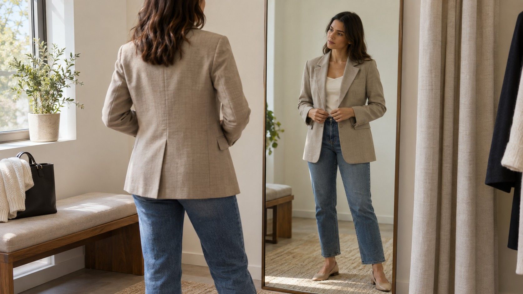 Woman comparing the fit and length of a tailored blazer