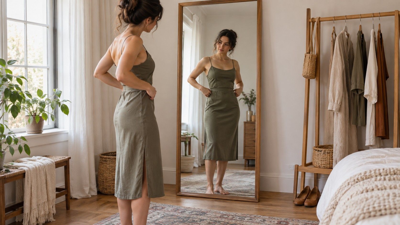 Woman comparing the fit of two everyday outfits
