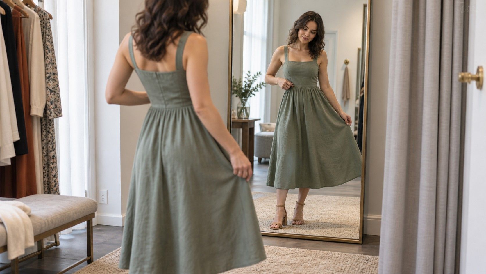 Comparing dress waist placement in a fitting room