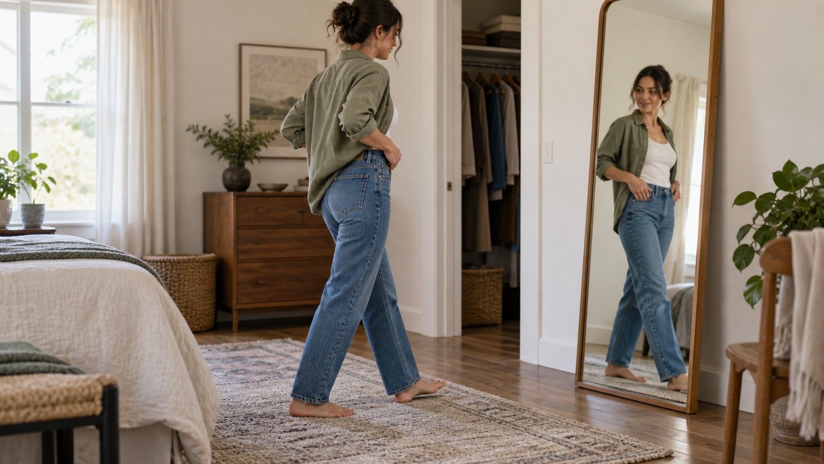 Checking jeans rise and hip fit