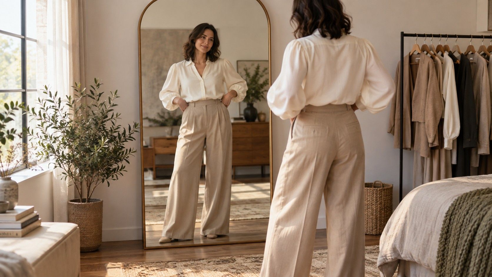 Woman checking jacket and trouser proportions in a mirror