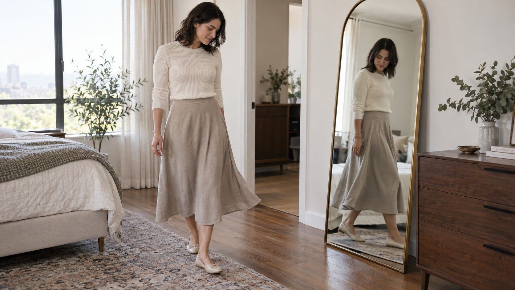 Woman checking the hem and movement of a midi skirt